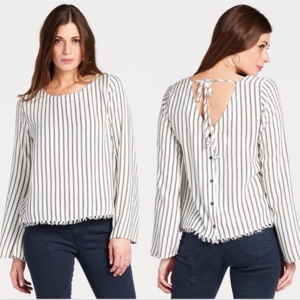 Cloth & Stone / Anthropologie Striped Back Buttoned Fringe Hem Bell Sleeve Top